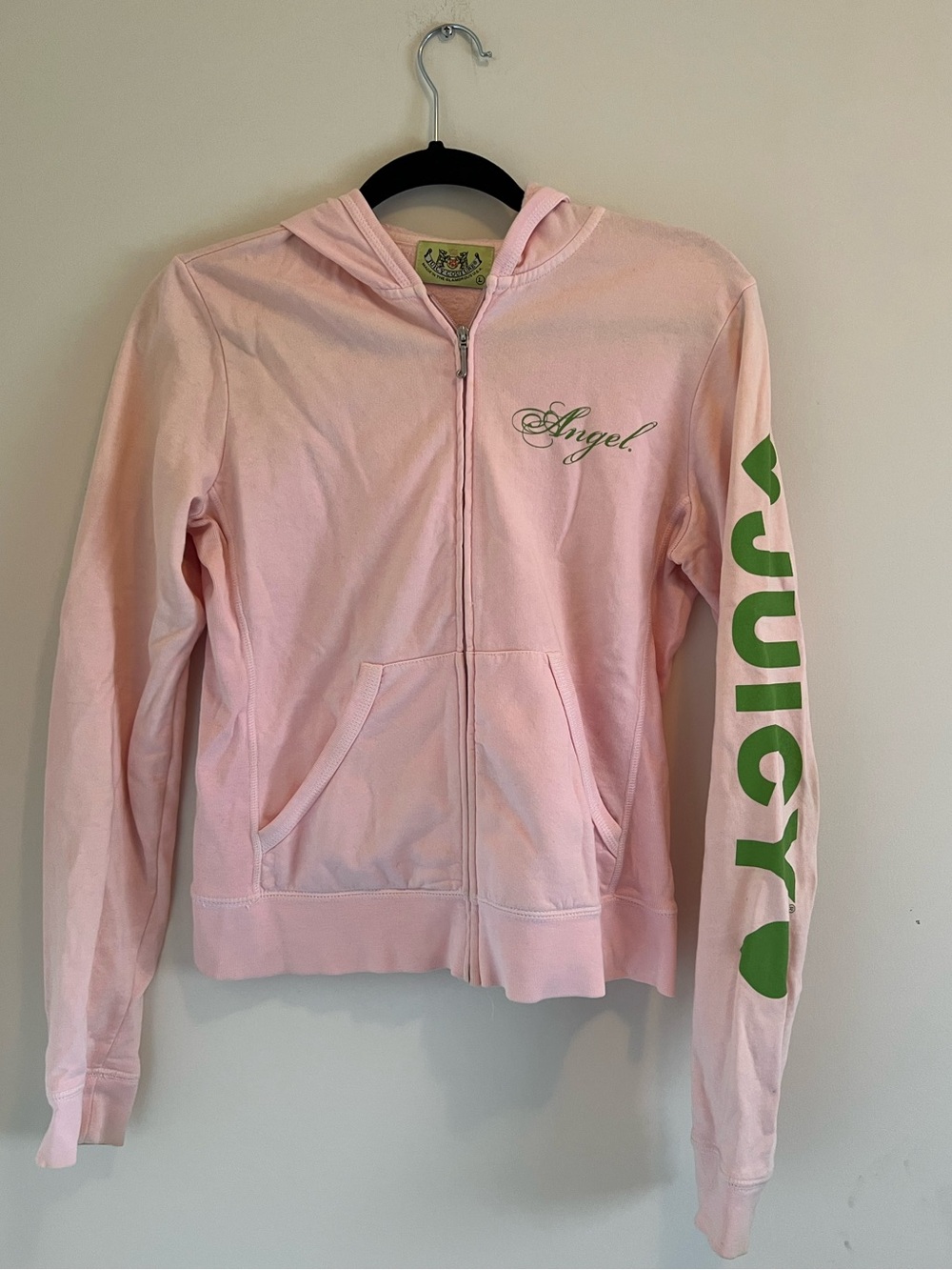 Vintage Juicy Couture Light Pink Hoodie Jacket with Green Sleeve Logo